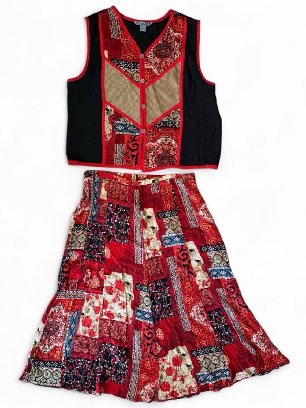 Vintage 90s Koret Patchwork Mixed Print Vest and Midi Skirt Set XL Boho Grunge